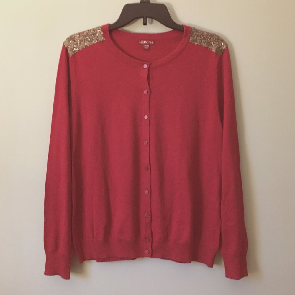 Vintage Y2K Red Gold Sequin Button Cardigan XXL McBling Holiday Knit Sweater